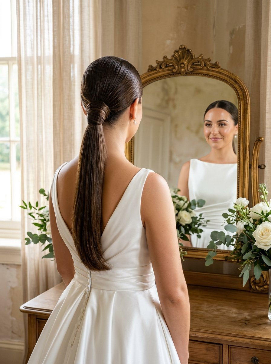 Back view of a bride with a polished low ponytail looking at her reflection in a gold framed vanity mirror.