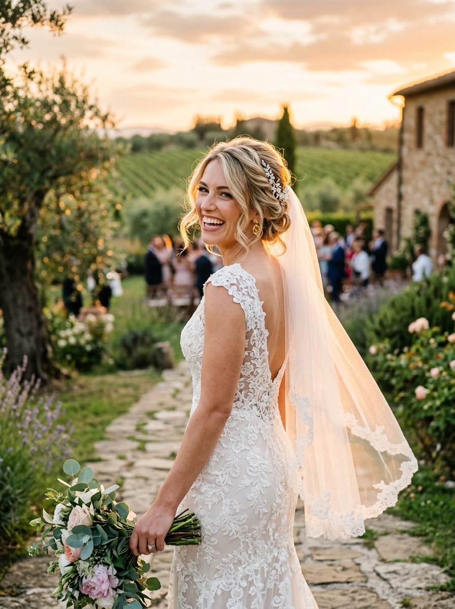 Smiling bride in white lace gown holding a floral bouquet on a stone path at a vineyard wedding during golden hour.