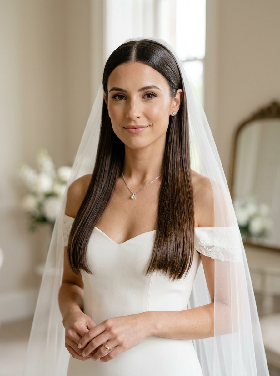 A beautiful bride with sleek brunette hair wearing an off-the-shoulder white gown and sheer veil.