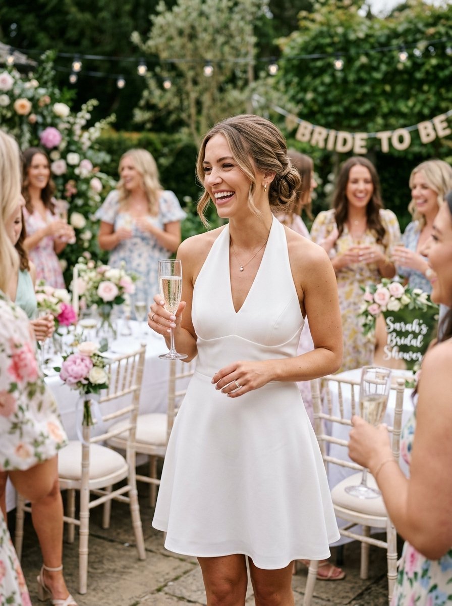 A smiling woman in a white dress holding a champagne glass at a festive outdoor party with friends.