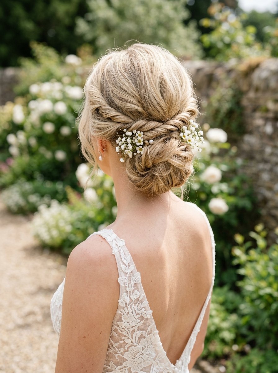 Close-up back view of a woman with blonde hair styled in a twisted updo decorated with tiny white flowers.