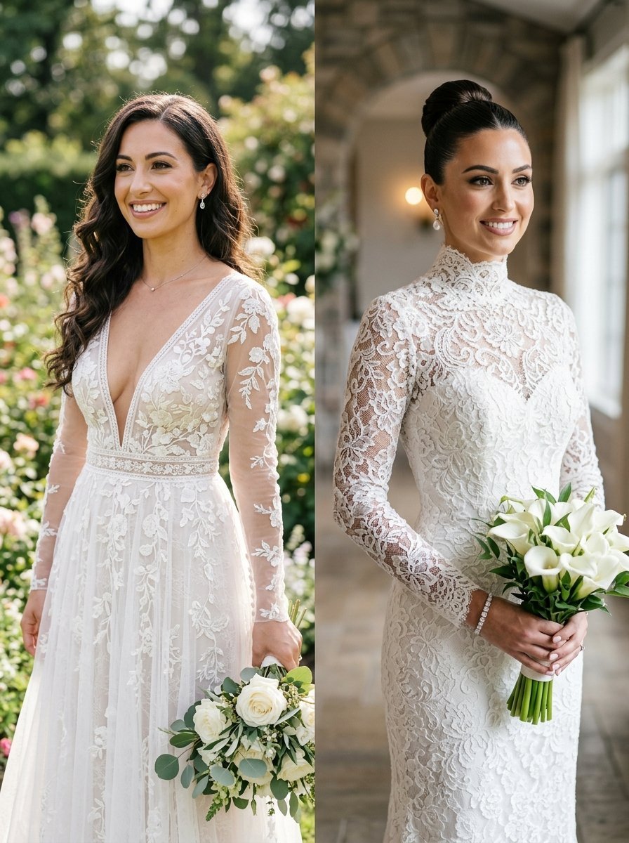 Split image of a bride wearing a plunging floral lace gown and a high-neck long-sleeve lace wedding dress.