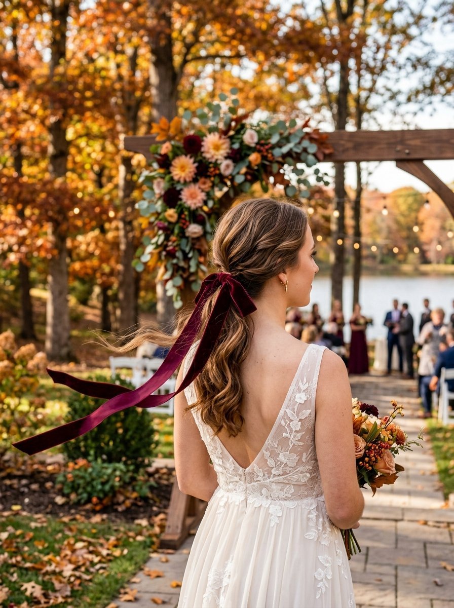 Bride in a white lace dress with a long dark red ribbon in her ponytail during a fall wedding ceremony.