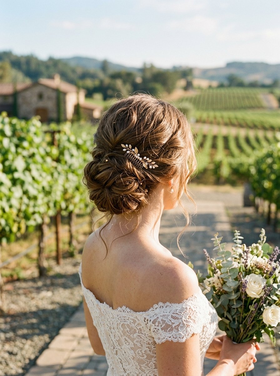 Back view of a bride with an updo hairstyle featuring a gold leaf comb, standing in a sunny vineyard.