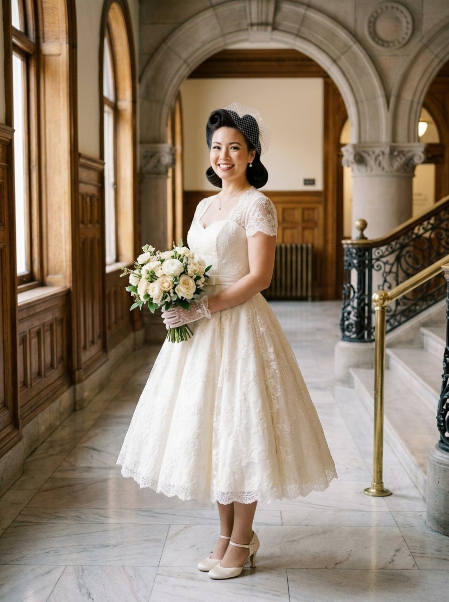 Bride in retro lace wedding dress and birdcage veil holding a floral bouquet in a classic hall.