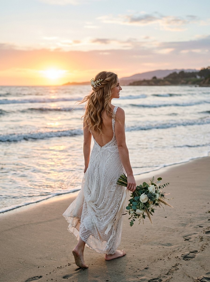Woman in an open-back lace bridal gown strolls barefoot on the sand at sunset carrying flowers.