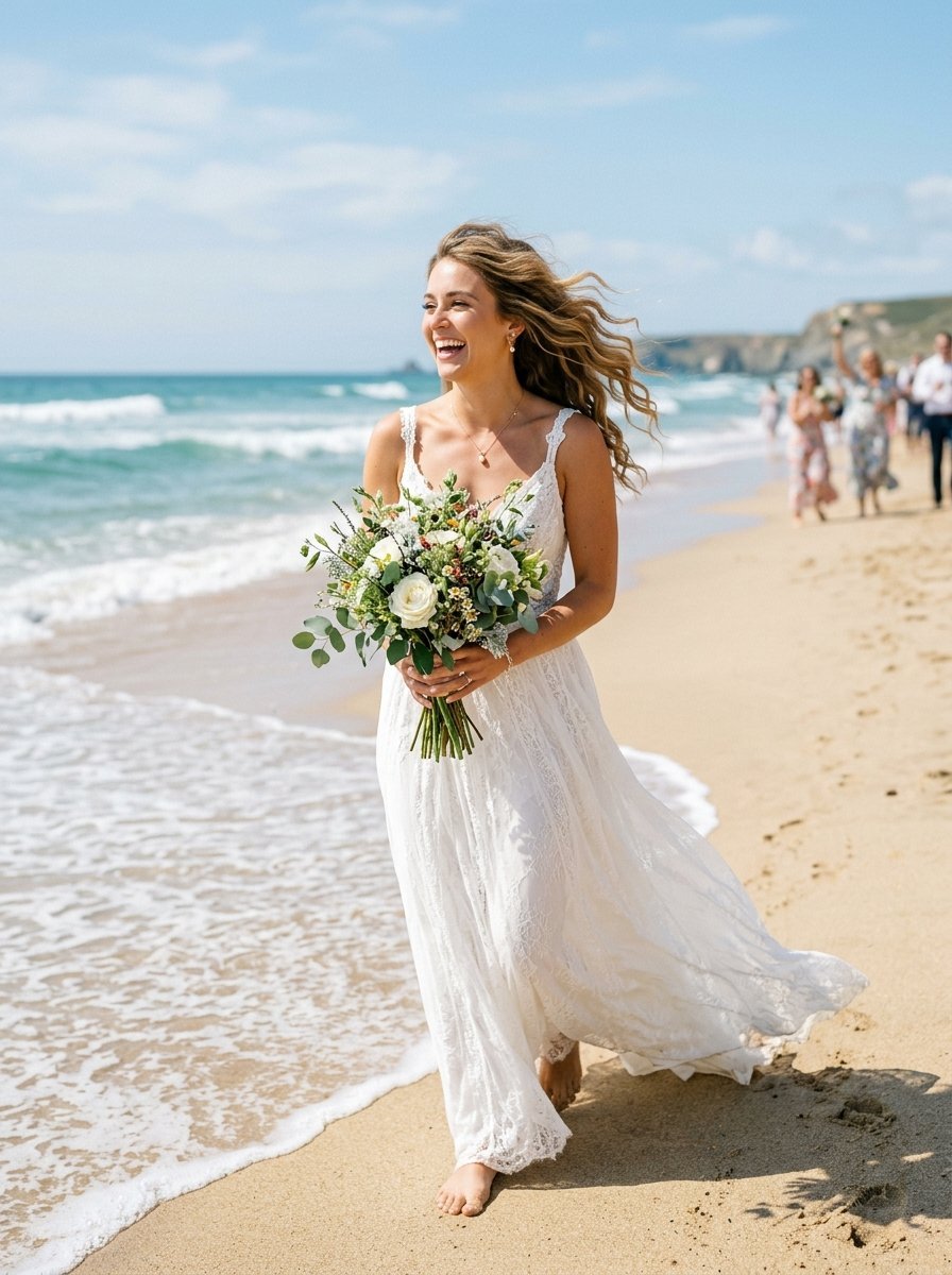 Smiling barefoot bride holding a floral bouquet while strolling on a sandy beach.