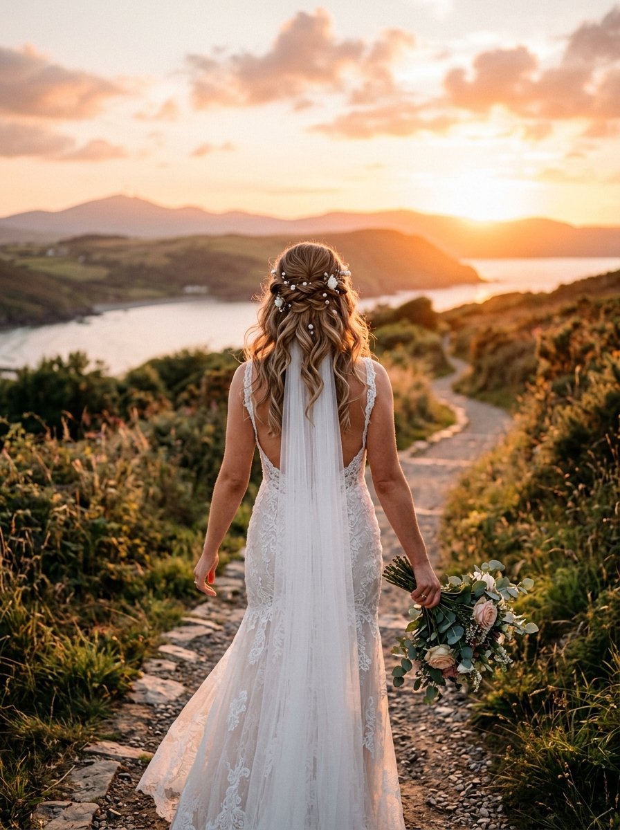 Back view of a bride with floral hair accessories carrying a bouquet on a scenic trail at golden hour.