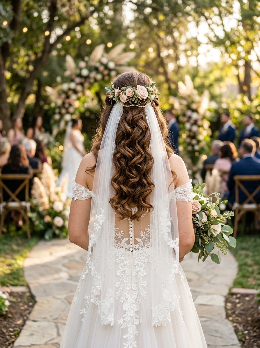 Back view of a bride with curly hair and a flower headpiece walking down a stone path at a garden wedding.