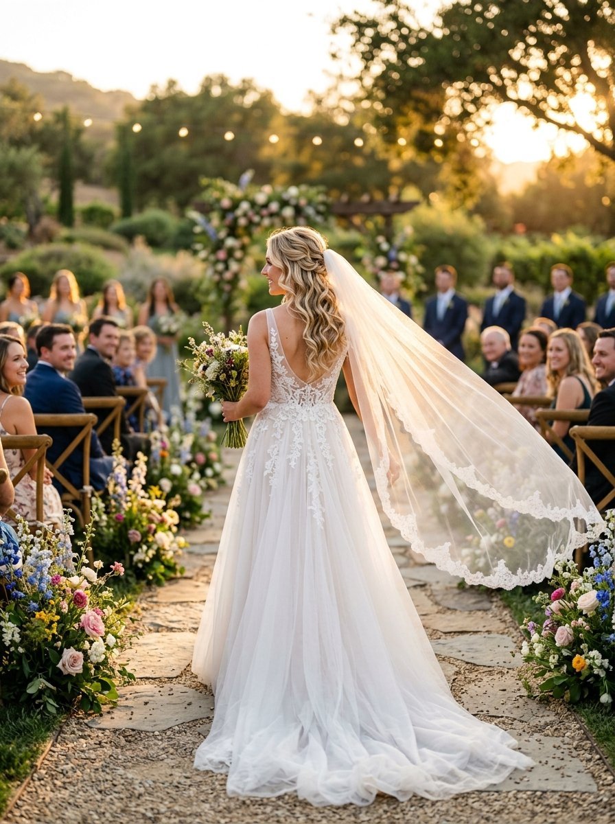 Back view of a blonde bride in a lace wedding dress and long veil walking down a flower-lined stone garden path.