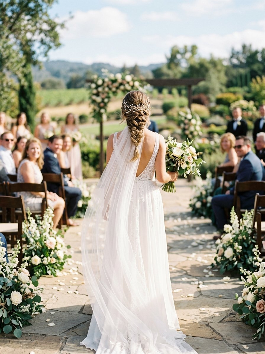 A bride in a white wedding gown and veil walks down a stone path aisle surrounded by floral arrangements and guests.