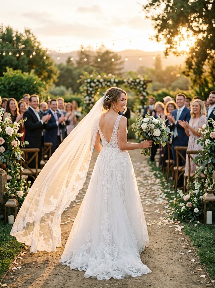 Smiling bride in a white wedding dress with a long veil walking outdoors past wedding guests.