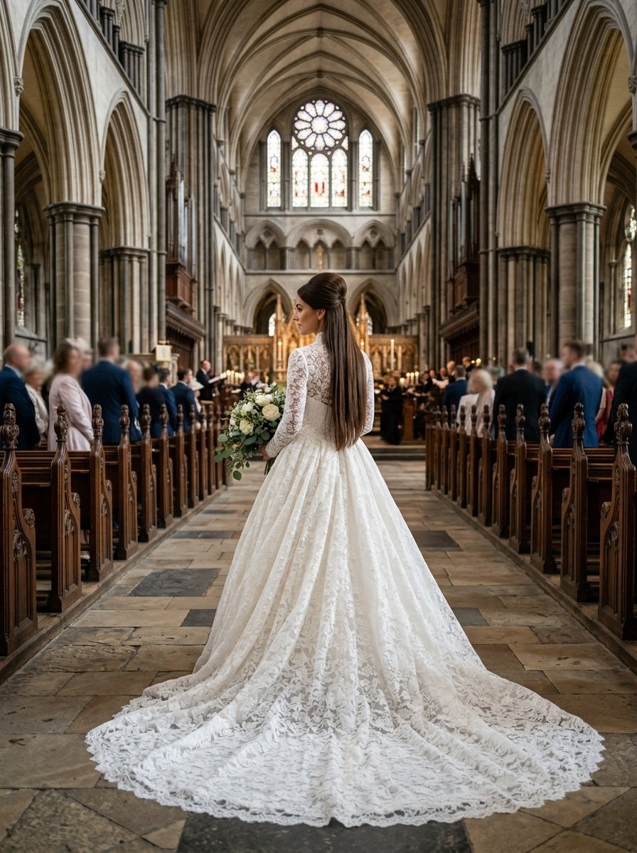 A bride in a long-sleeved lace wedding dress holding a bouquet while standing in a church aisle.
