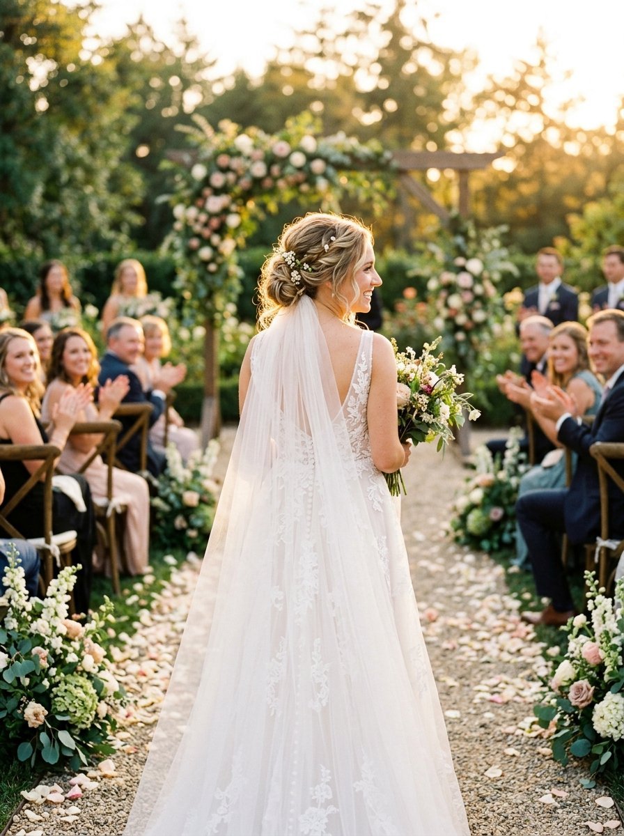 A bride in a lace wedding dress and veil walks down a petal-strewn aisle past applauding wedding guests.