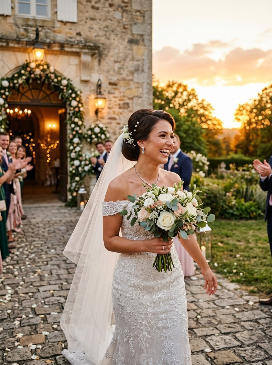 Smiling bride in a lacy off-the-shoulder gown holding flowers as guests applaud outside a historic stone building.