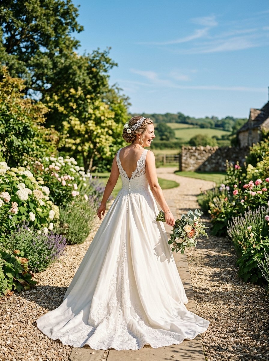 A laughing bride in a white wedding gown holding a bouquet while walking down a sunlit garden path.
