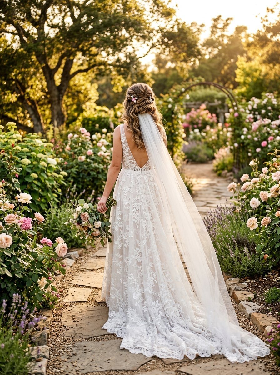 Rear view of a bride with long hair and veil walking on a stone path surrounded by rose bushes at sunset.