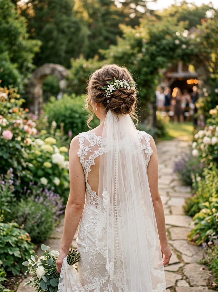 Back view of a woman in a lace wedding dress with an updo hairstyle and veil walking down a stone path.