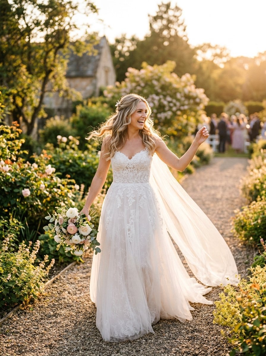 A smiling bride wearing a white lace dress and veil holds a bouquet while strolling along a gravel path at sunset.