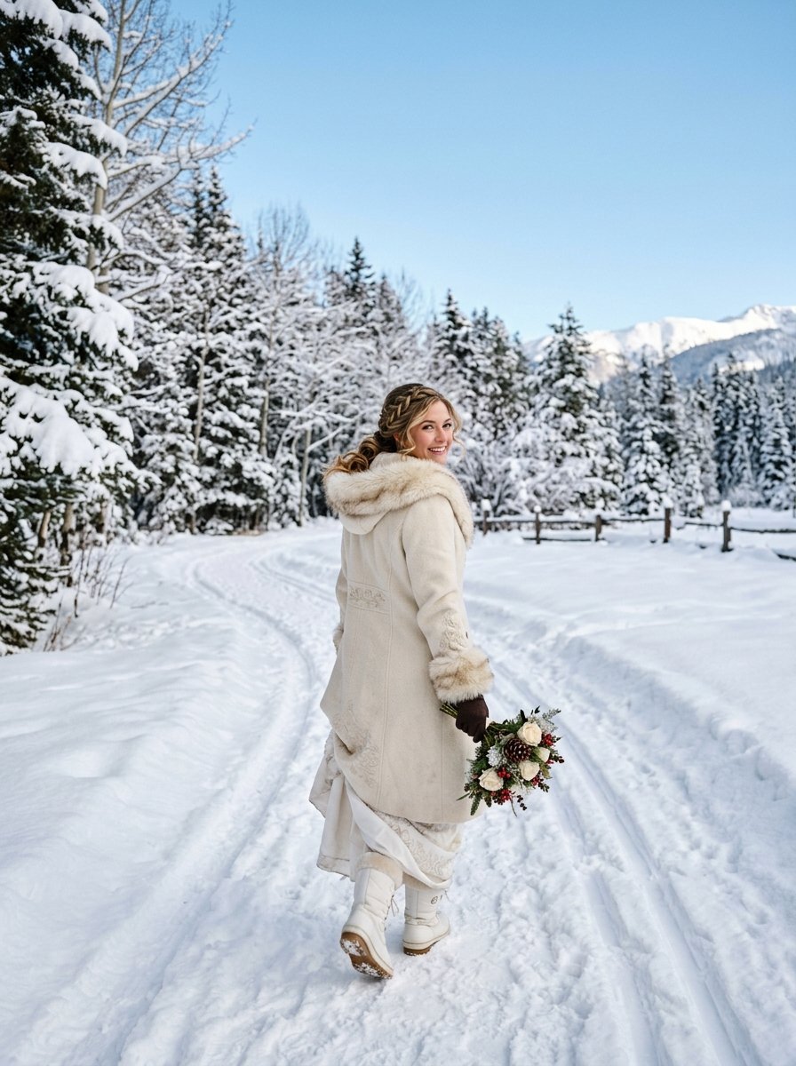 Smiling bride in white winter coat holding a bouquet on a snow-covered path surrounded by pine trees.
