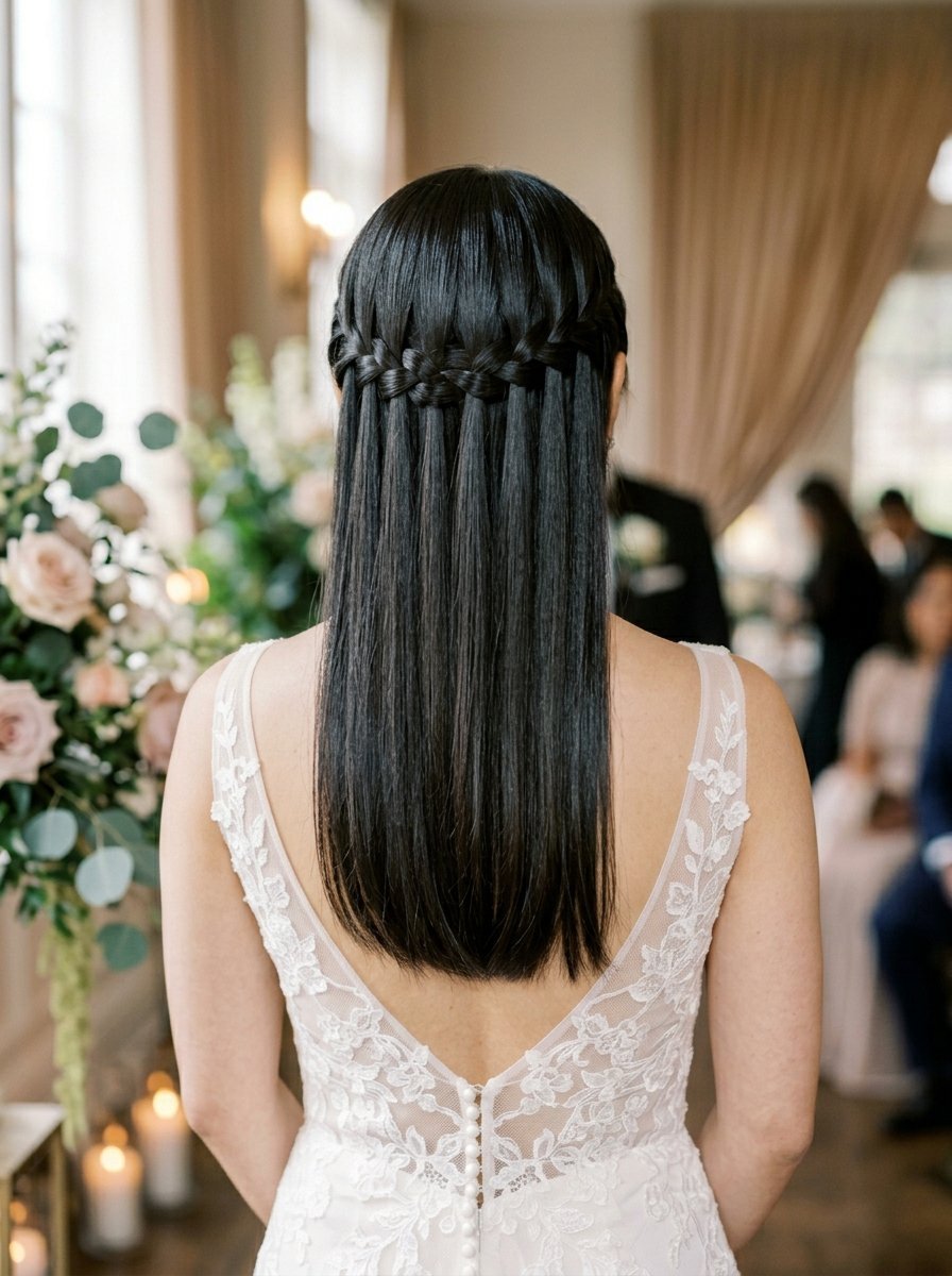Close up of a woman with long black hair styled in a waterfall braid, wearing a lace wedding dress.