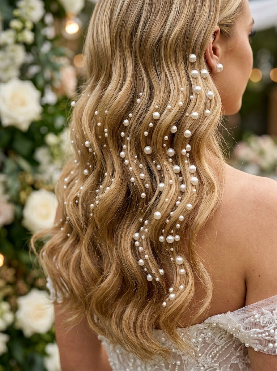 Close-up of a woman's long blonde wavy hair decorated with numerous small pearl hairpins.