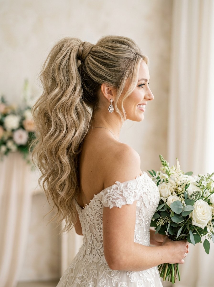 Profile view of a blonde bride with long wavy hair in a high ponytail holding a white rose bouquet.