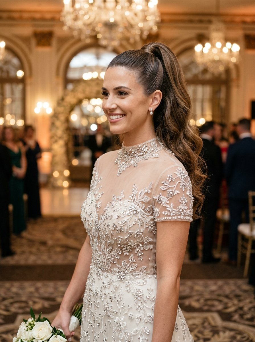 Side profile of a bride in a beaded illusion neckline gown holding a white floral bouquet.