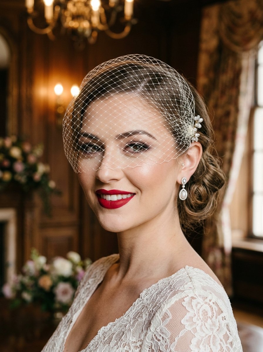 Portrait of a woman with red lipstick wearing a netted bridal veil and pearl drop earrings in a wood paneled room.