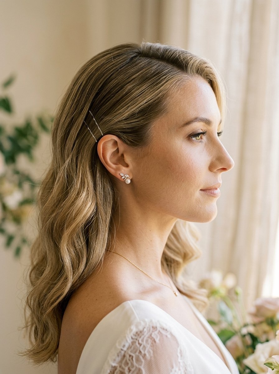 Close up of a woman's side profile featuring wavy blonde hair and a leaf-shaped pearl earring.