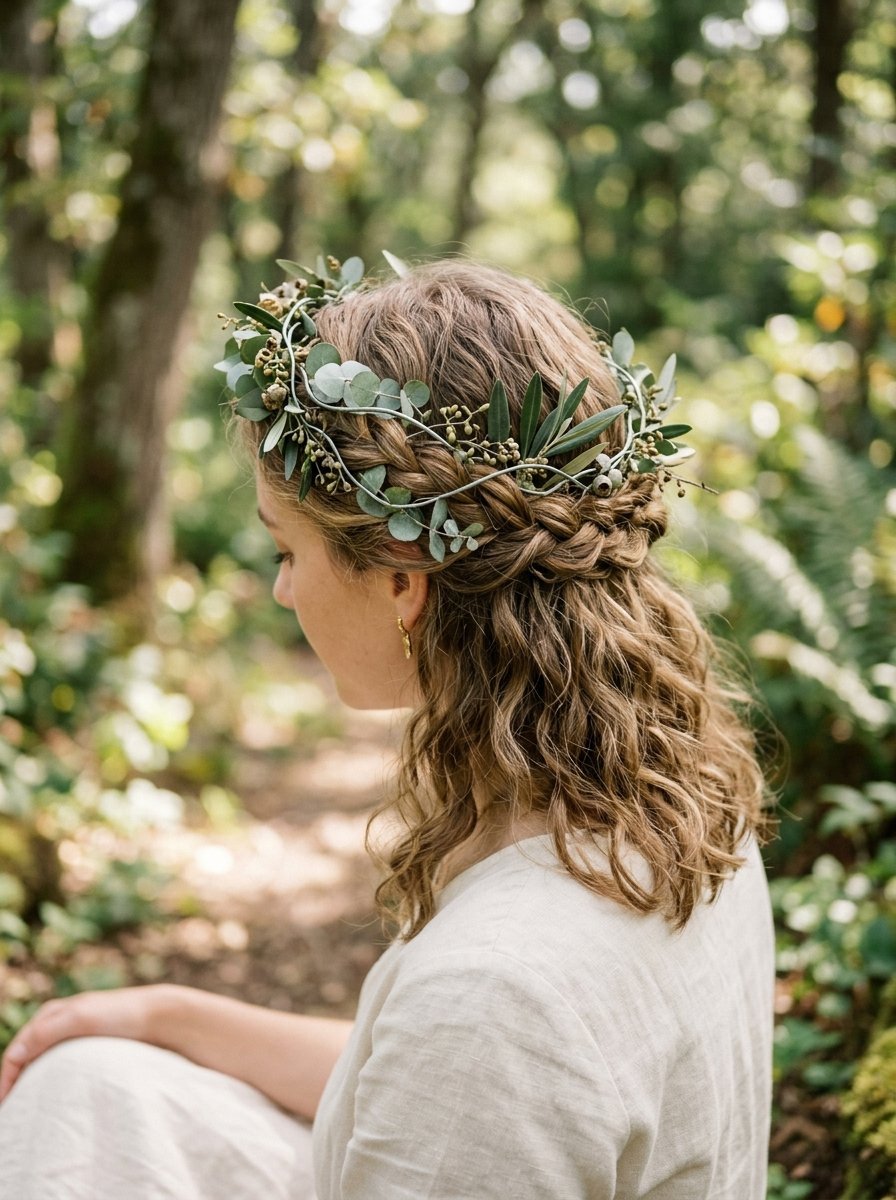 Side profile of a woman with curly hair wearing a natural crown of eucalyptus leaves and branches in a wooded area.