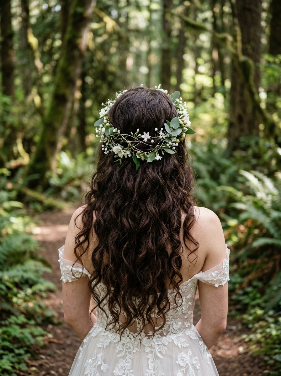 Back view of a bride with curly hair and a floral headpiece standing on a trail through the trees.