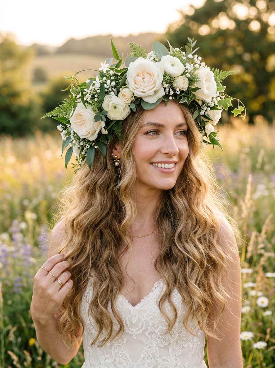 A woman with wavy blonde hair wears a large bridal headpiece of white roses, ivy, and ferns in a sunset field.