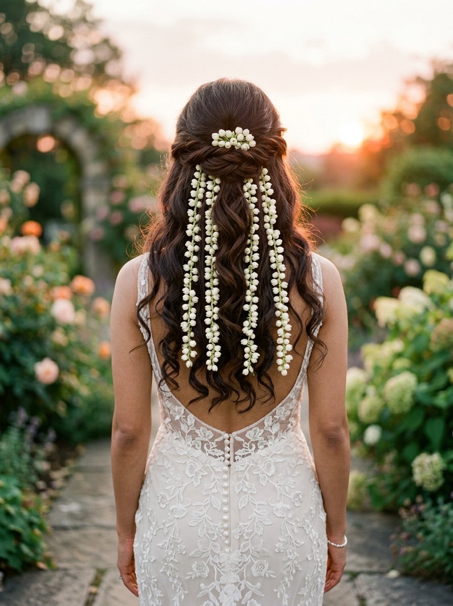 Back view of a woman with long curly hair adorned with strands of white flowers and a lace wedding dress.