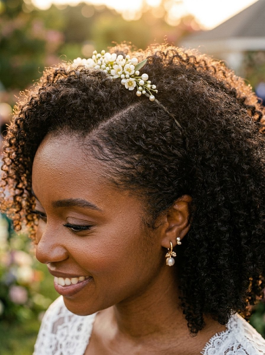 Close-up of a woman with curly hair wearing a dainty pearl and white flower headband and matching earrings.