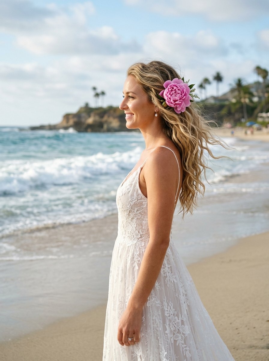 Profile view of a smiling woman in a lace wedding dress with a large pink flower in her wavy hair on a sandy beach.