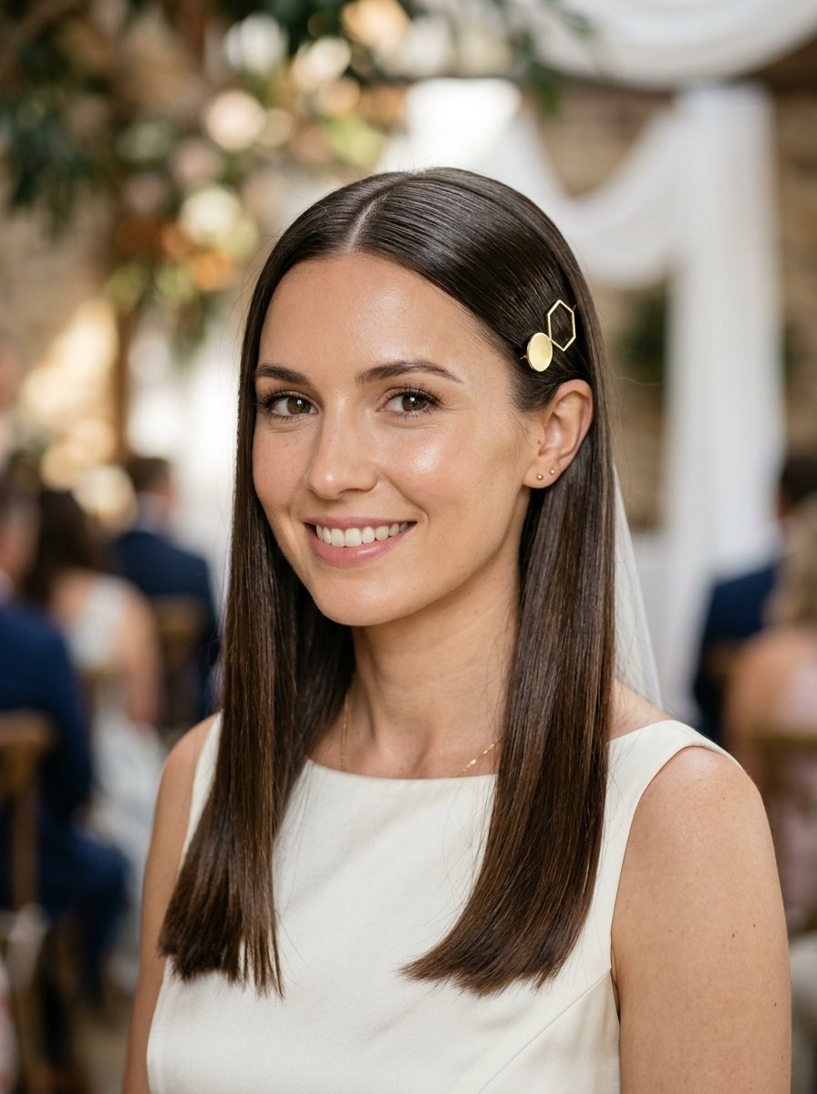 Close-up of a smiling bride with straight brown hair styled with a gold hexagon and circle barrette.