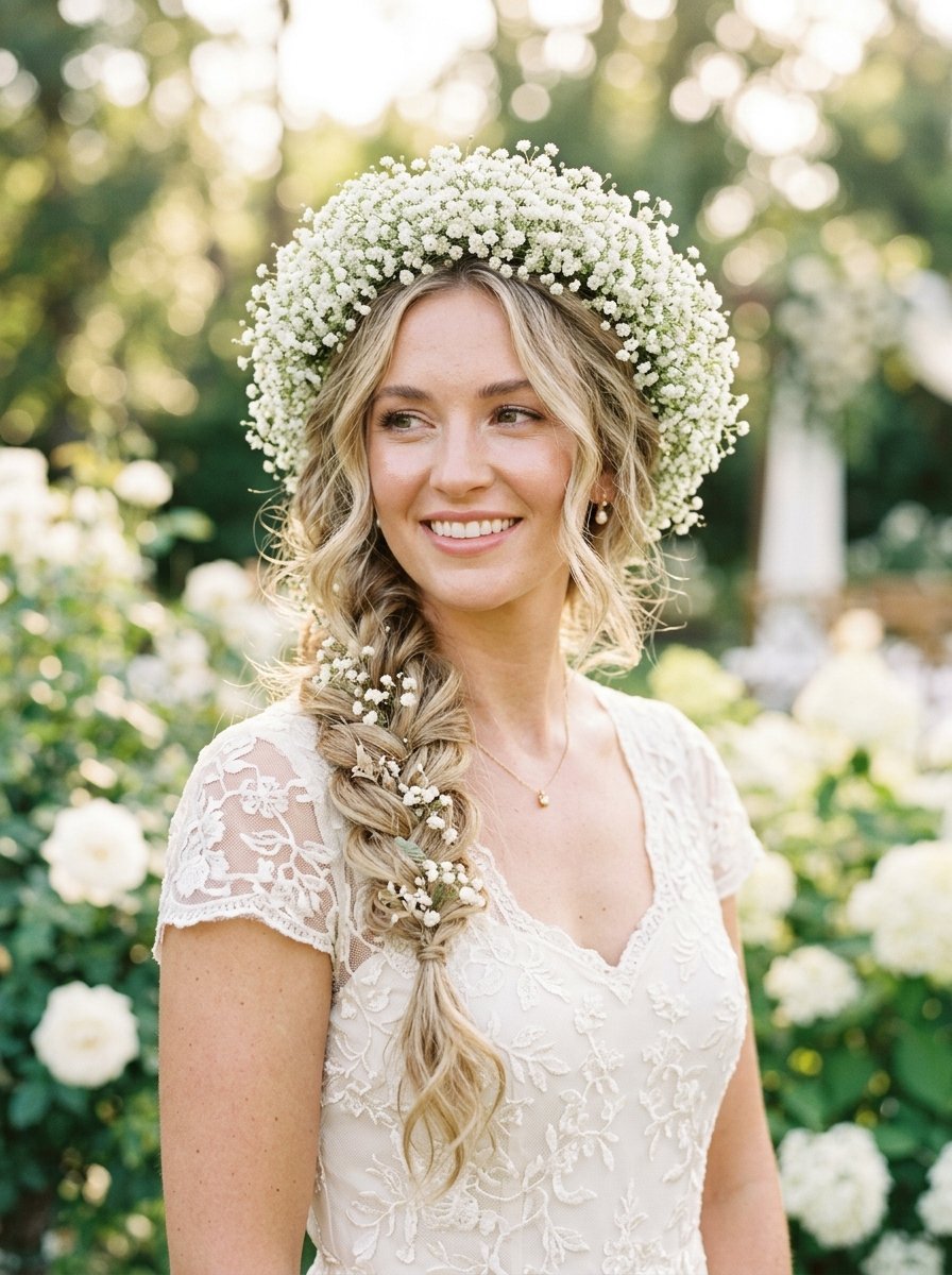 Young woman with a braided hairstyle and baby's breath floral headpiece in a garden setting.
