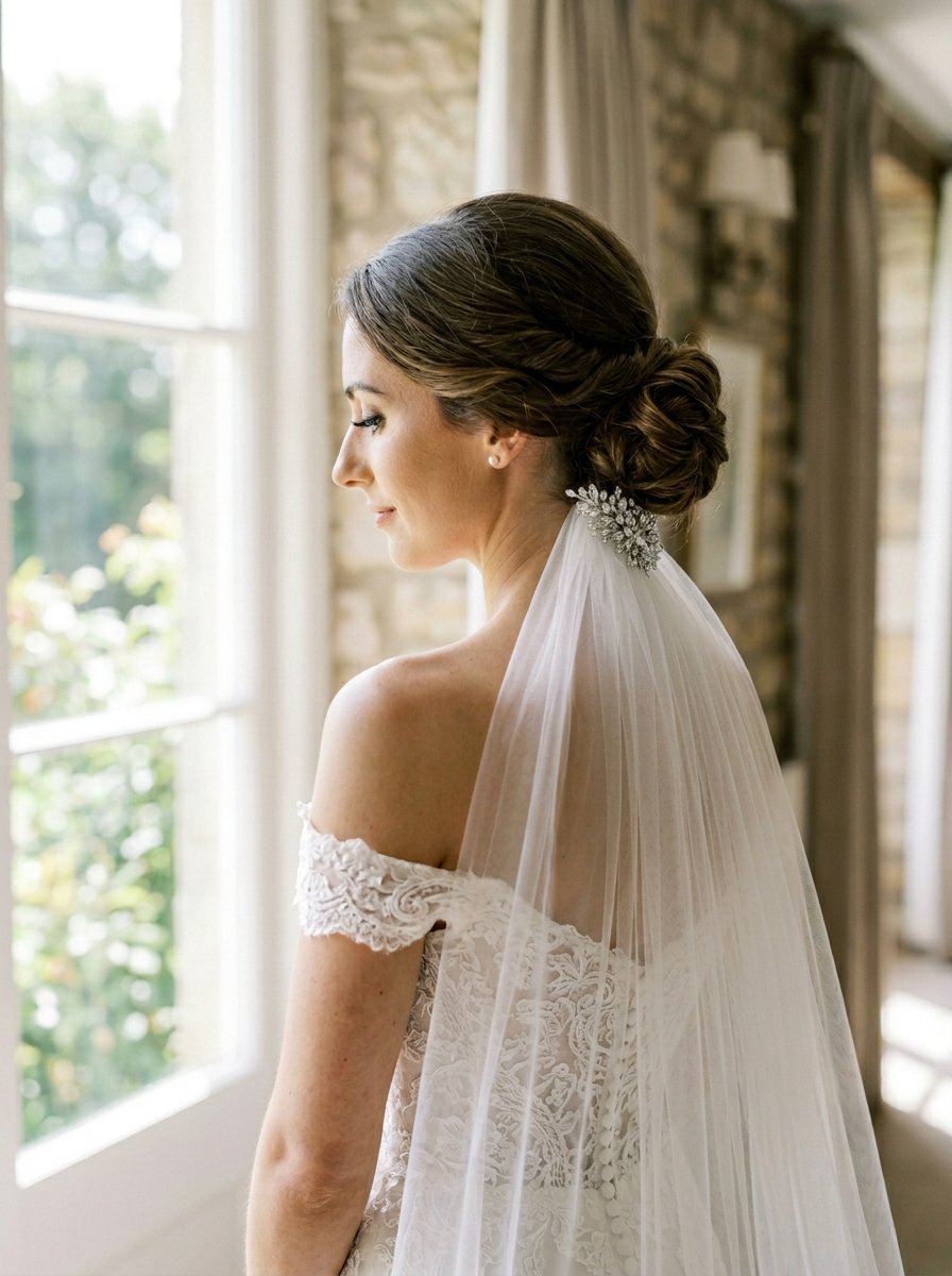 Close up of a woman in a lace wedding dress wearing a sparkly hair clip and a long sheer veil by a window.
