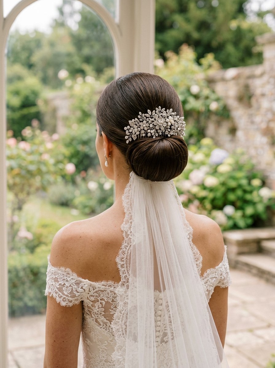 Back view of a bride with a neat low bun, silver floral hair accessory, and lace-trimmed wedding veil.
