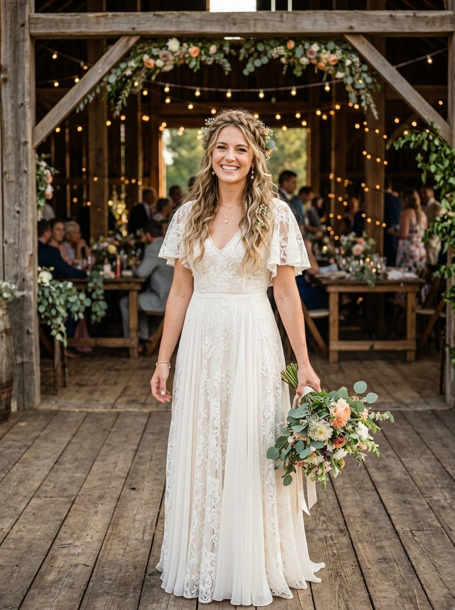 A happy bride with a flower crown standing in a rustic wooden barn venue holding a colorful wedding bouquet.