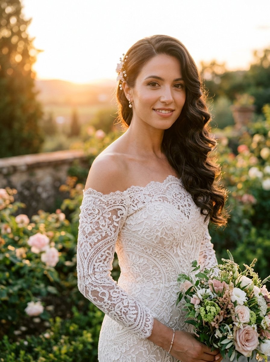 A woman with wavy hair in a white lace wedding dress posing with flowers during a golden hour sunset.
