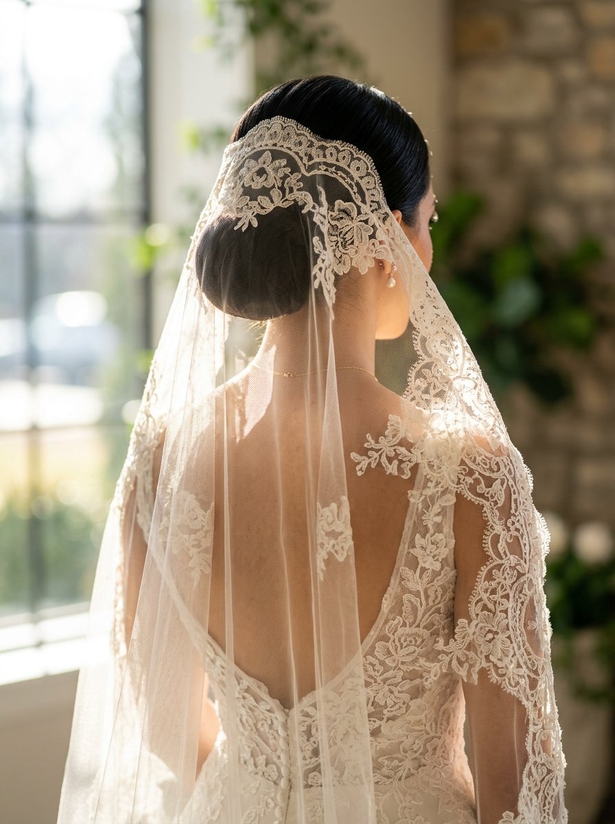 Back view of a bride with dark hair in a bun wearing a long veil featuring detailed floral lace trim.