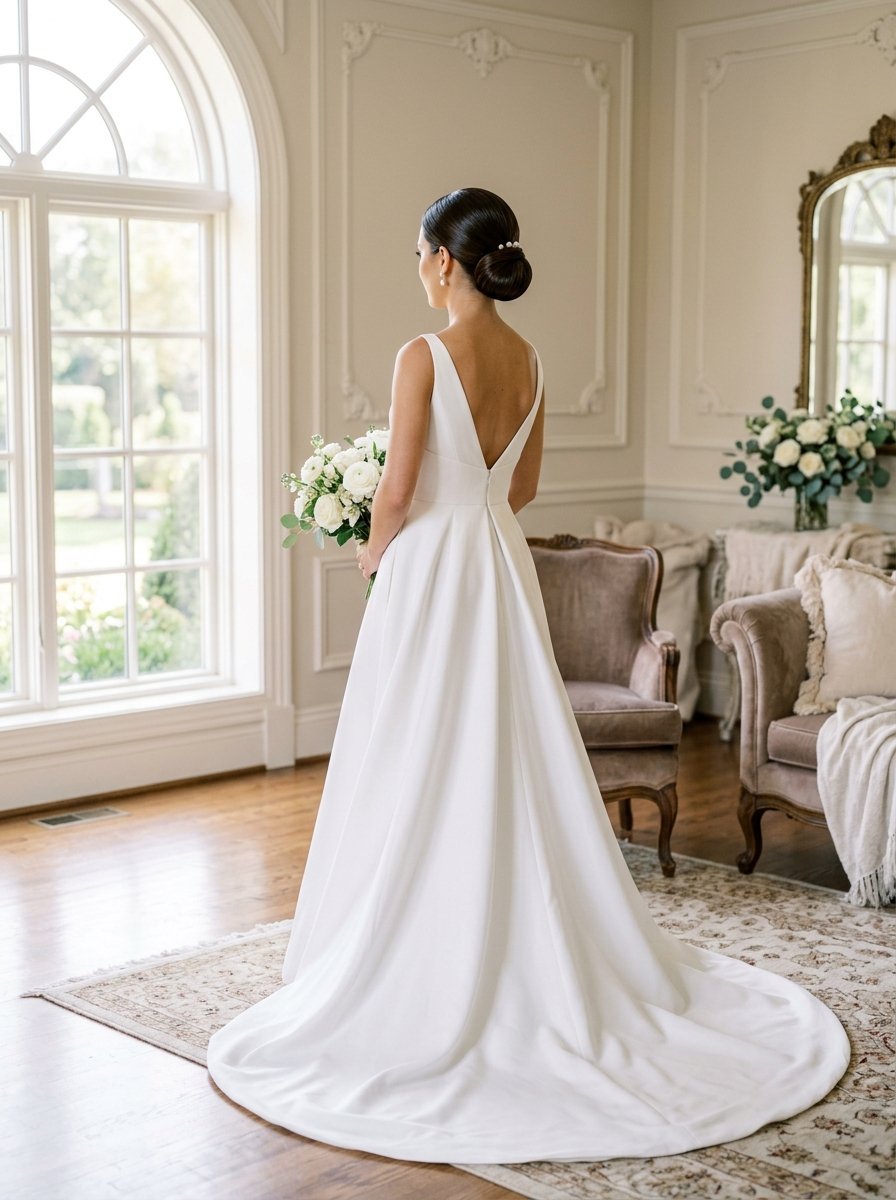 Woman in an elegant floor-length wedding gown holding a bouquet while looking out a bright window.