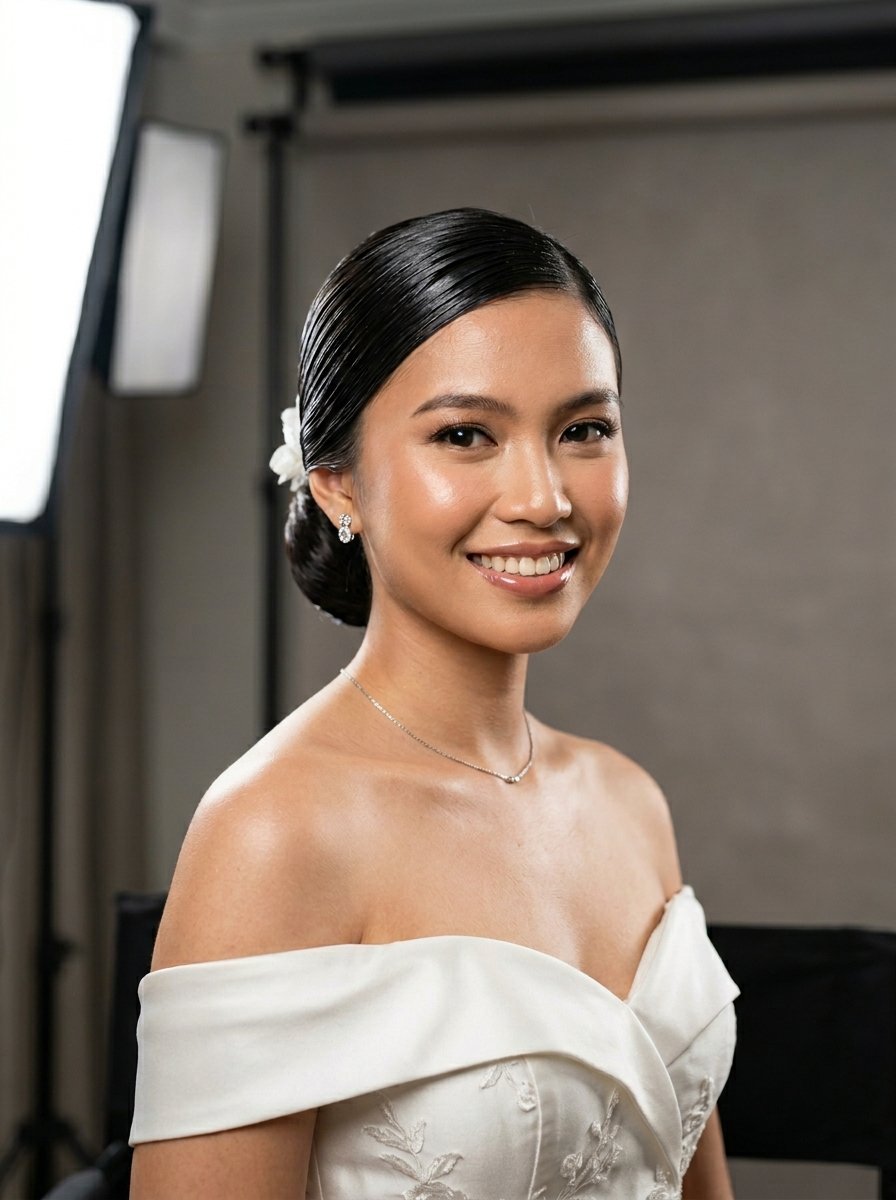 Close-up of a smiling bride in a white off-the-shoulder dress with hair pulled back in a neat bun.