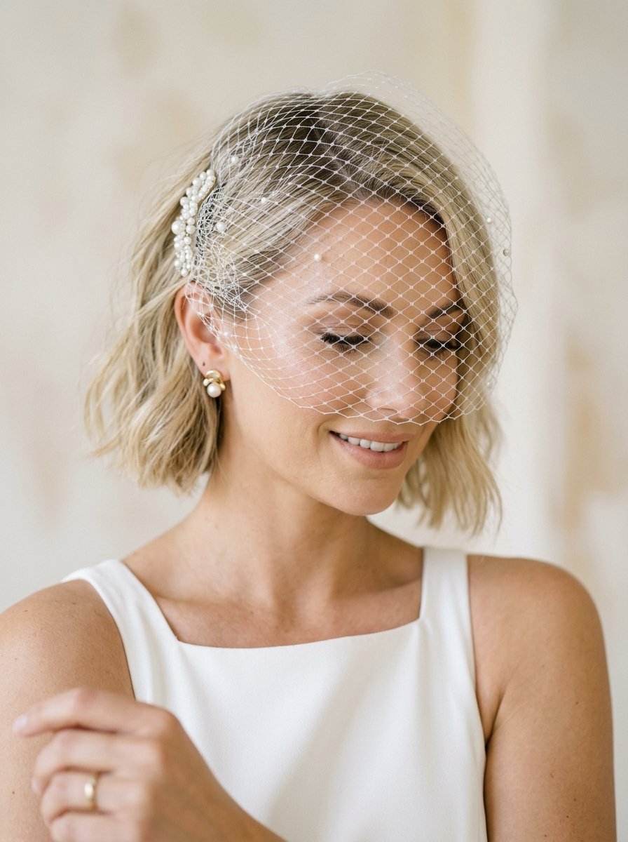 Close-up portrait of a woman in a white dress with a decorative netting veil and pearl hair accessory.