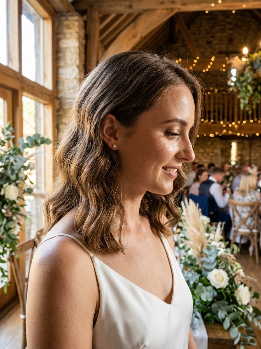 Close-up profile shot of a woman with wavy hair wearing a white dress and small pearl earrings at a wedding reception.
