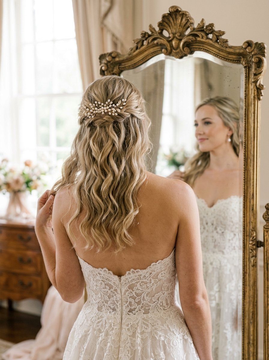 Back view of a blonde bride with wavy hair and a delicate pearl hairpiece looking at her reflection.
