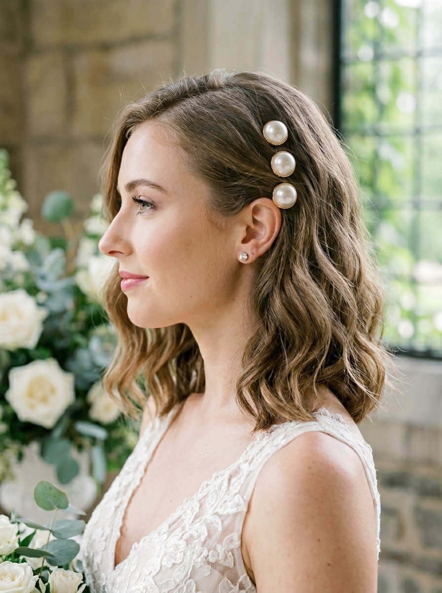 Side profile of a bride with wavy hair adorned with three large, circular gold and pearl hair accessories.