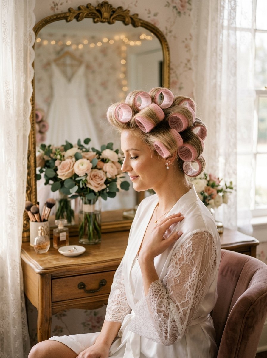 Young woman in a white lace robe with pink hair rollers sitting at a vanity table with flowers and a wedding dress.
